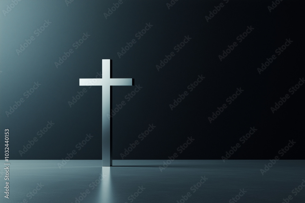 A minimalist silver cross standing on a smooth surface, casting a shadow against a dark wall. The lighting creates a dramatic effect, highlighting the cross's reflective surface A minimalist silver cross standing on a smooth surface, casting a shadow against a dark wall. The lighting creates a dramatic effect, highlighting the cross's reflective surface