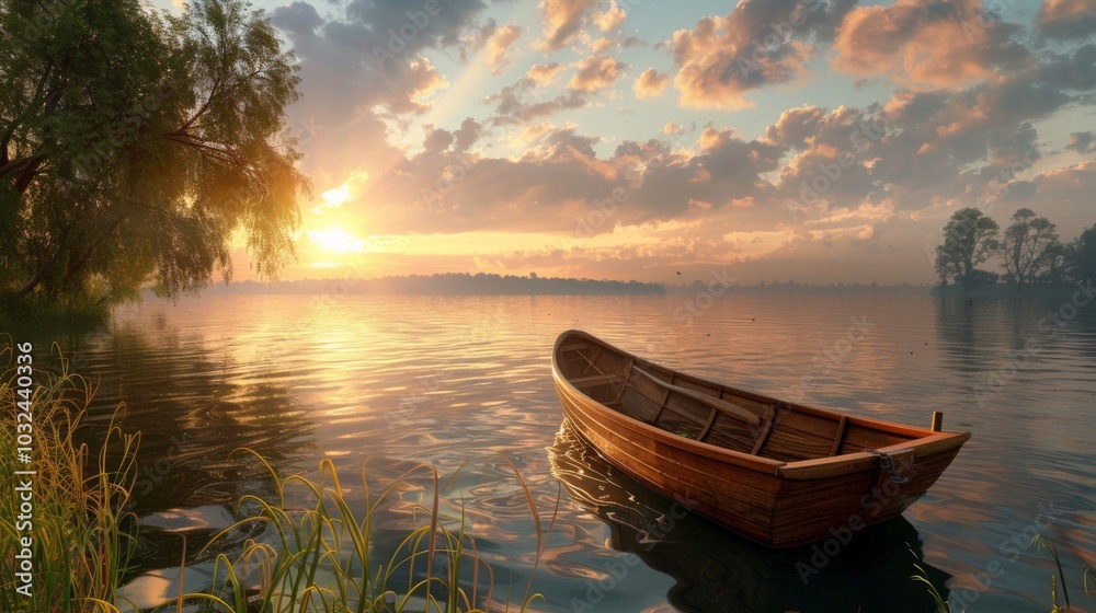 Obraz premium Serene Sunset Over a Calm Lake with a Boat