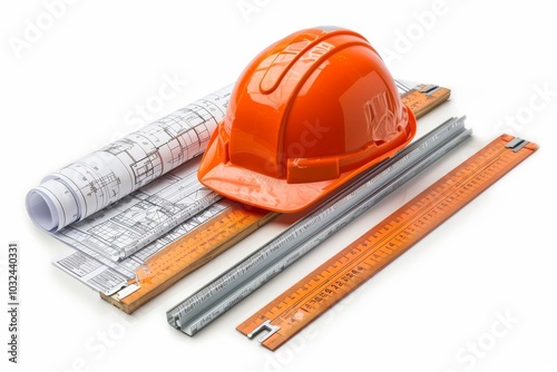 Hard hat, blueprints, and rulers isolated on a pristine white backdrop