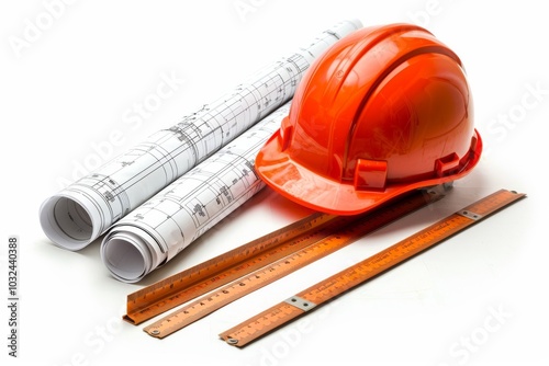 Hard hat, blueprints, and rulers isolated on a pristine white backdrop