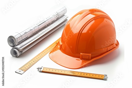 Hard hat, blueprints, and rulers isolated on a pristine white backdrop