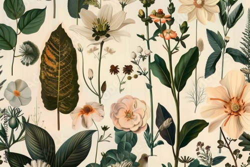 Seamless pattern background featuring a collection of vintage botanical illustrations with flowers and leaves in muted colors MONA