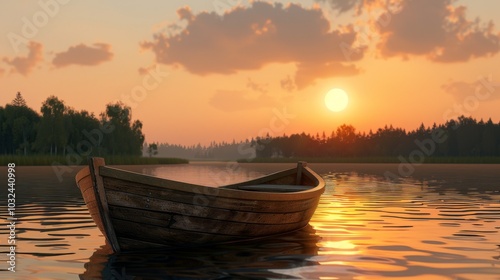 Serene Sunset Over a Calm Lake with a Boat