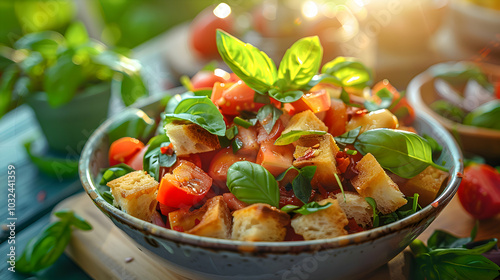 Spicy panzanella with a hint of chili flakes and fresh basil photo