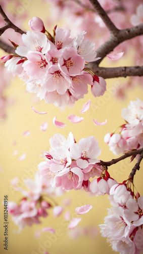 Close-up of a blooming cherry blossom tree with petals softly falling