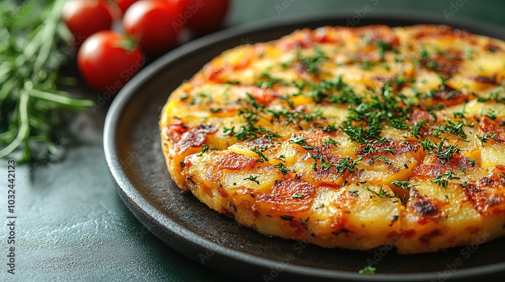 An overhead photo of a Spanish tortilla in a traditional tortilla, with parsley, on dark rustic textures with ingredients An overhead photo of a Spanish tortilla in a traditional tortilla, with parsley, on dark rustic textures with ingredients