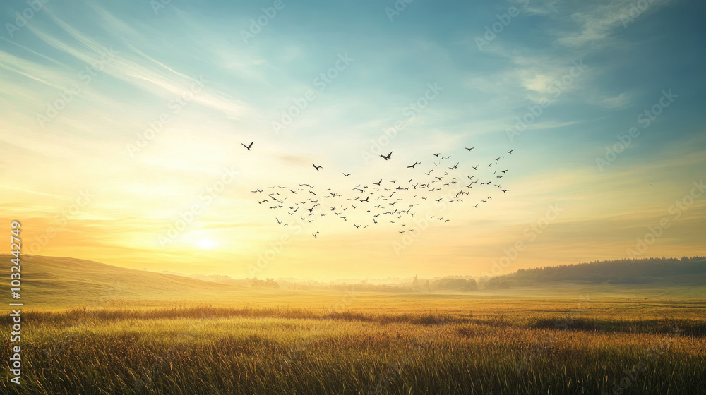 A wide-angle shot of migratory birds flying over an open field, with a scenic horizon in the background, symbolizing freedom and the wonders of nature. A wide-angle shot of migratory birds flying over an open field, with a scenic horizon in the background, symbolizing freedom and the wonders of nature.