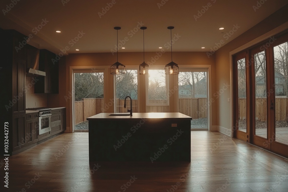 Modern Kitchen Interior with Island and Backyard Views Modern Kitchen Interior with Island and Backyard Views