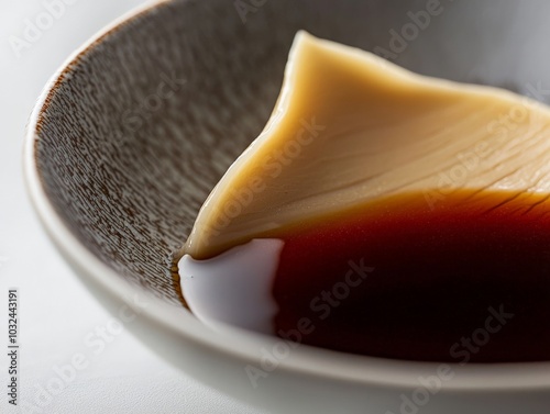 Close-up of Nama Yuba under bright studio lighting, capturing the smooth texture of the fresh tofu skin served with soy sauce photo