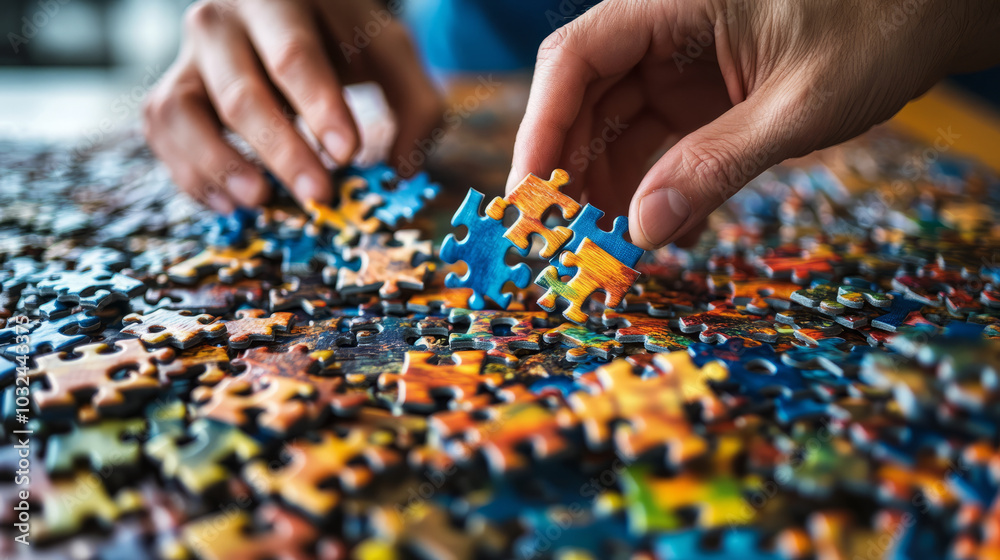 A puzzle enthusiast solving a complex jigsaw puzzle on a large table, with pieces scattered and the image slowly coming together A puzzle enthusiast solving a complex jigsaw puzzle on a large table, with pieces scattered and the image slowly coming together