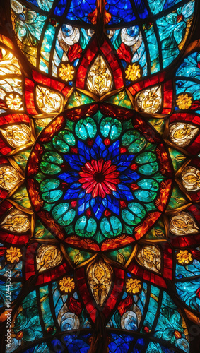 Close-up Intricate Stained Glass Windows with Vibrant Colors and Patterns