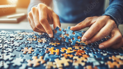 A puzzle enthusiast solving a complex jigsaw puzzle on a large table, with pieces scattered and the image slowly coming together