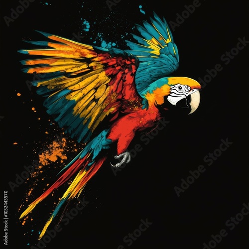 Colorful parrot with vibrant feathers in flight. photo