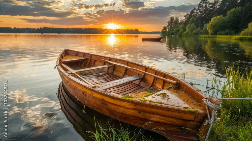 Obraz premium Serene Sunset Over a Calm Lake with a Boat