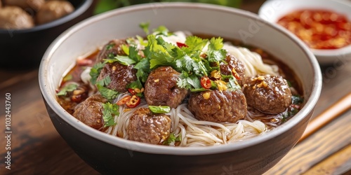 Thai Noodle Bowl with Tender Meatballs and Herbs