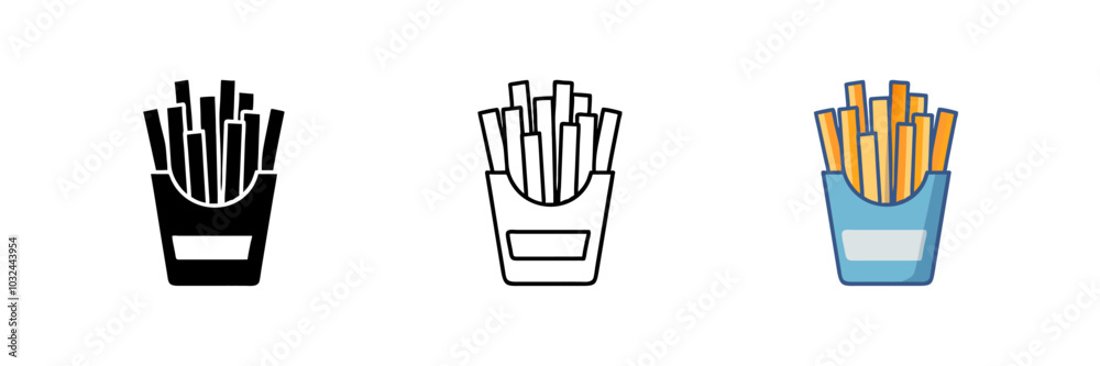 Set of French fries in a carton package, flat design vector illustration. Classic fast food snack, perfect for food-related designs, menus, apps, and branding. Set of French fries in a carton package, flat design vector illustration. Classic fast food snack, perfect for food-related designs, menus, apps, and branding.
