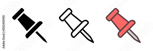 Push pin icon set in flat style. Simple vector design, ideal for organizing, marking, and office-related projects. Isolated design elements perfect for web, apps, and presentations.