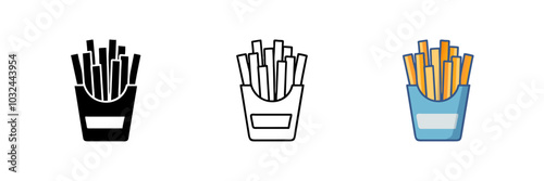 Set of French fries in a carton package, flat design vector illustration. Classic fast food snack, perfect for food-related designs, menus, apps, and branding.
