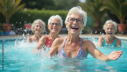 A group of elderly women enjoy a swim in an outdoor pool, smiling and sharing a moment of joy. The image reflects friendship, wellness, and active aging.