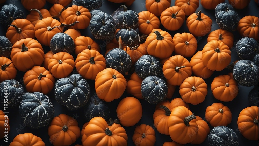 A bright and colorful flat pattern featuring a variety of pumpkins. The image features orange and dark green pumpkins of different sizes, creating a visually appealing pattern A bright and colorful flat pattern featuring a variety of pumpkins. The image features orange and dark green pumpkins of different sizes, creating a visually appealing pattern