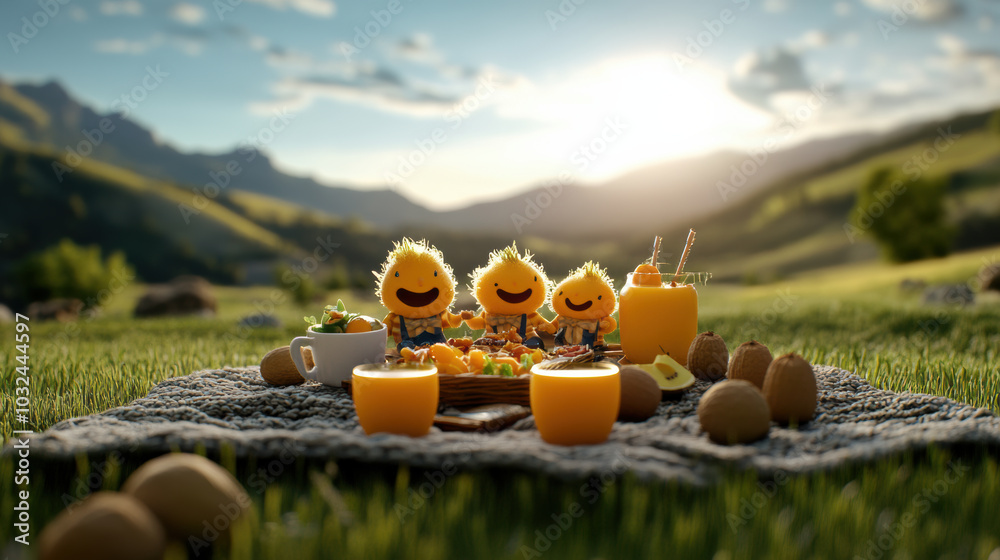 Fototapeta premium Cheerful cartoon characters enjoying picnic in sunny landscape