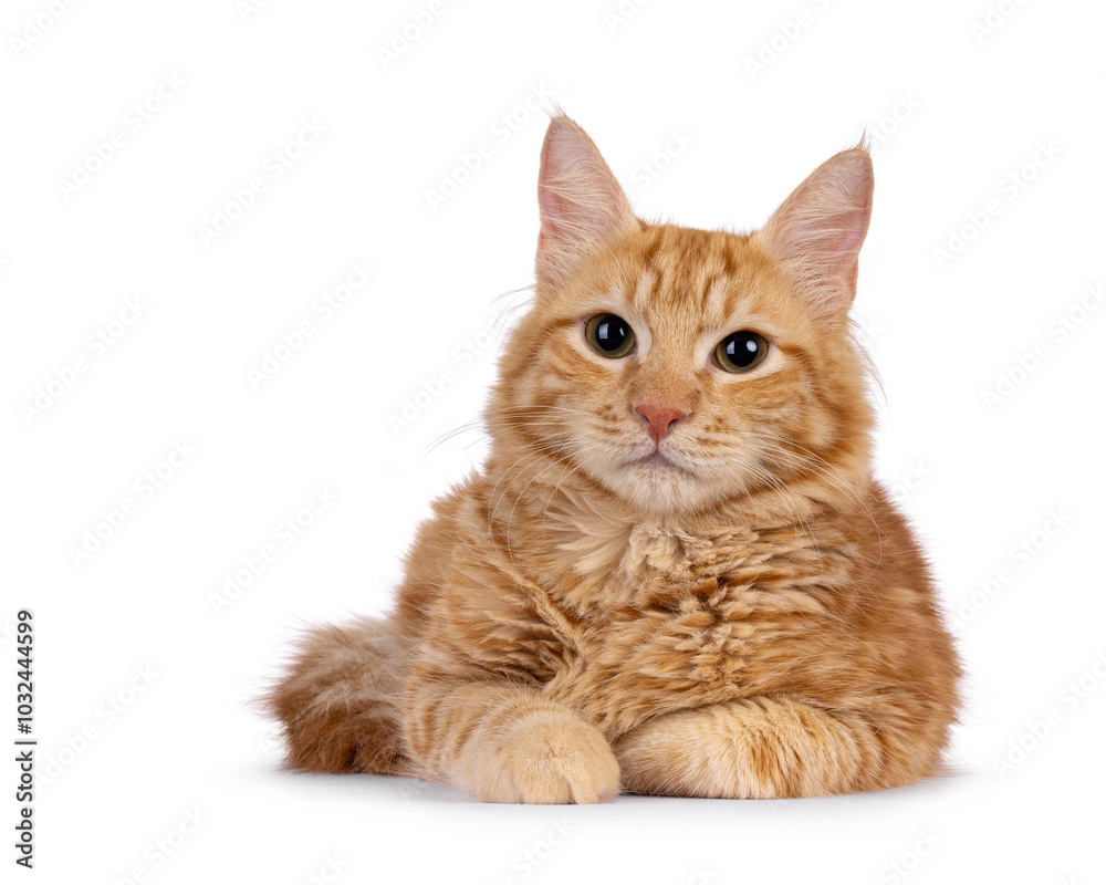 Young Aphrodite's Giant Longhair aka Cyrpus or Cypriot cat, laying down facing front. Looking straight to camera. Isolated on a white background. Young Aphrodite's Giant Longhair aka Cyrpus or Cypriot cat, laying down facing front. Looking straight to camera. Isolated on a white background.