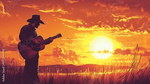 A silhouetted musician playing guitar against a vibrant sunset backdrop.