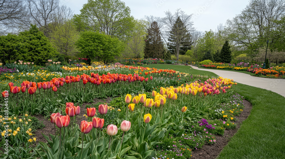A seasonal flower garden with rows of blooming tulips in spring, transitioning to vibrant summer blooms, creating a year-round floral display A seasonal flower garden with rows of blooming tulips in spring, transitioning to vibrant summer blooms, creating a year-round floral display