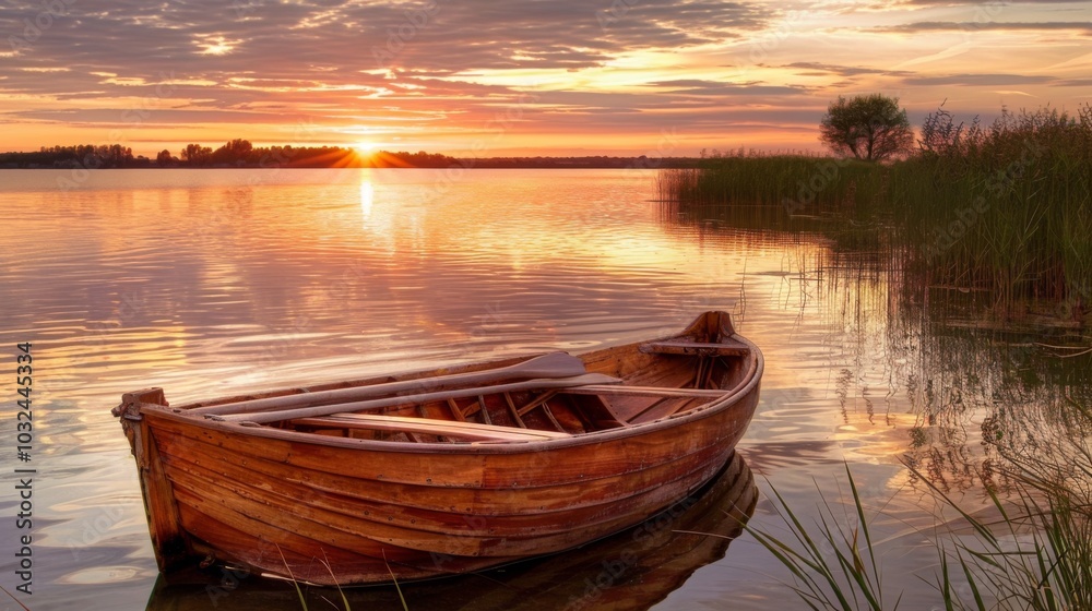 Obraz premium Serene Sunset Over a Calm Lake with a Boat