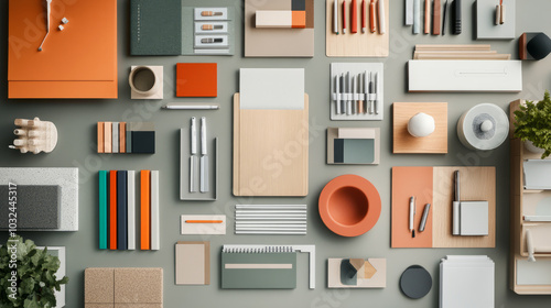 A selection of branding elements, including color palettes, logos, and taglines, displayed on a stylish workspace photo