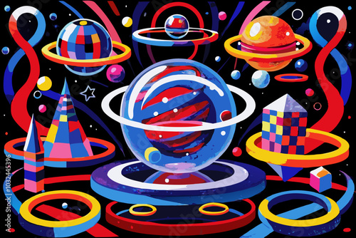 Vibrant Abstract Cosmic Landscape with Planets and Rings