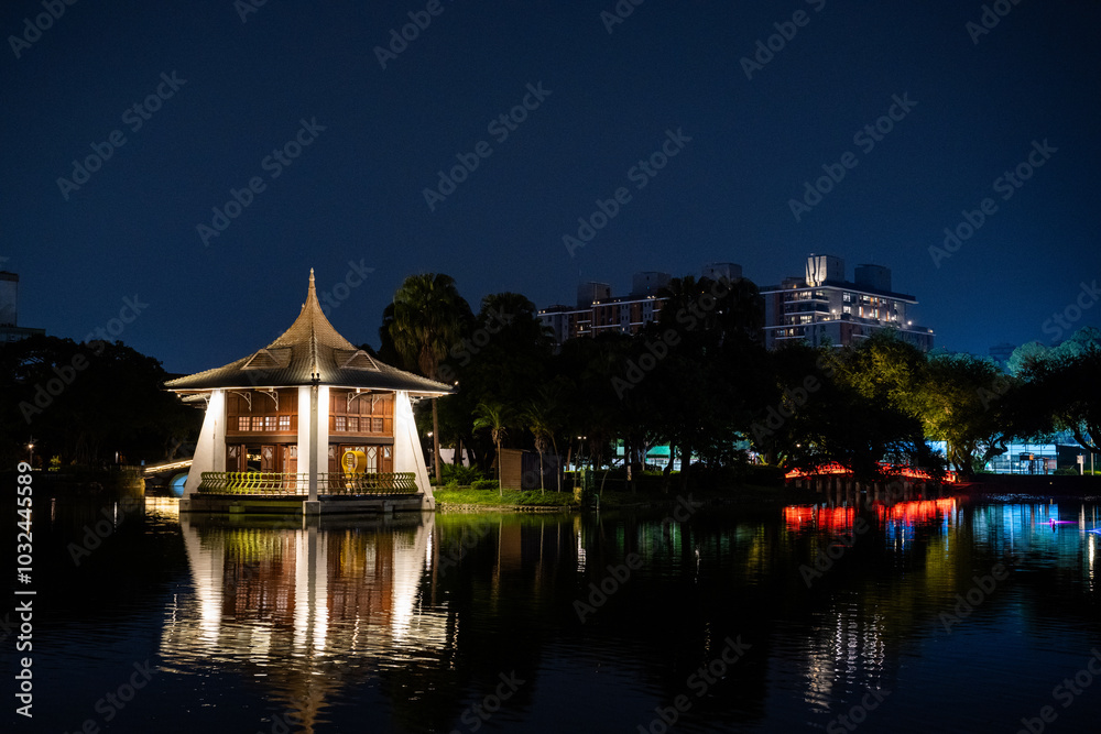Taiwan October 15, 2024: Night view of Taichung Park, the oldest urban park in Taichung. Taiwan October 15, 2024: Night view of Taichung Park, the oldest urban park in Taichung.