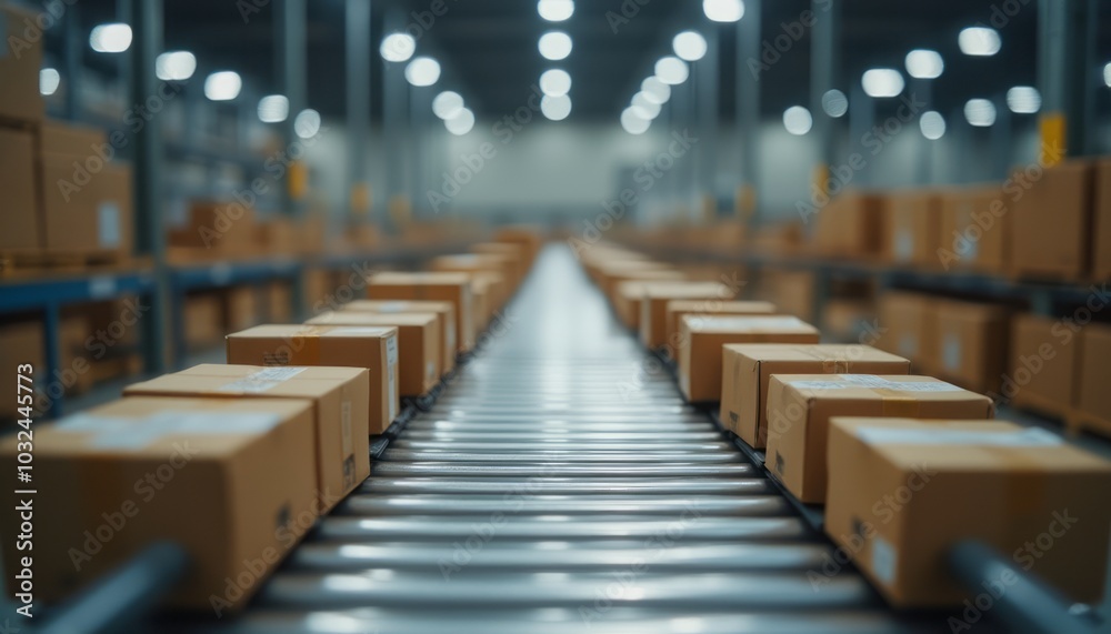 Rows of cardboard boxes move along a conveyor belt in a large, brightly lit warehouse. The image represents logistics, shipping, and industrial automation. Rows of cardboard boxes move along a conveyor belt in a large, brightly lit warehouse. The image represents logistics, shipping, and industrial automation.