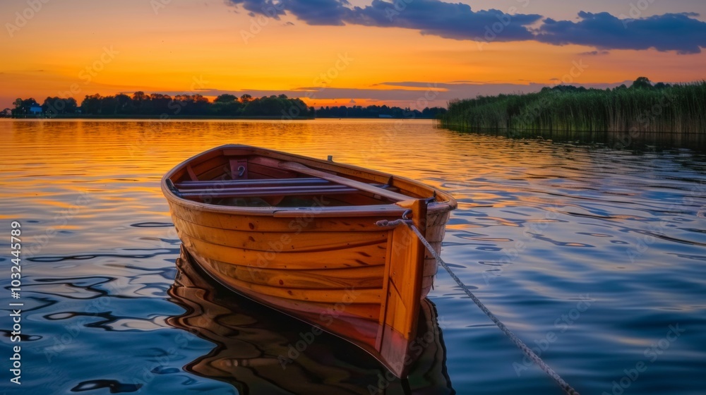 Obraz premium Serene Sunset Over a Calm Lake with a Boat