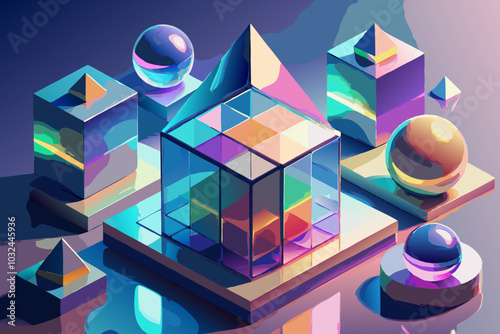 Colorful Abstract Geometric Shapes and Spheres on Gradient Background
