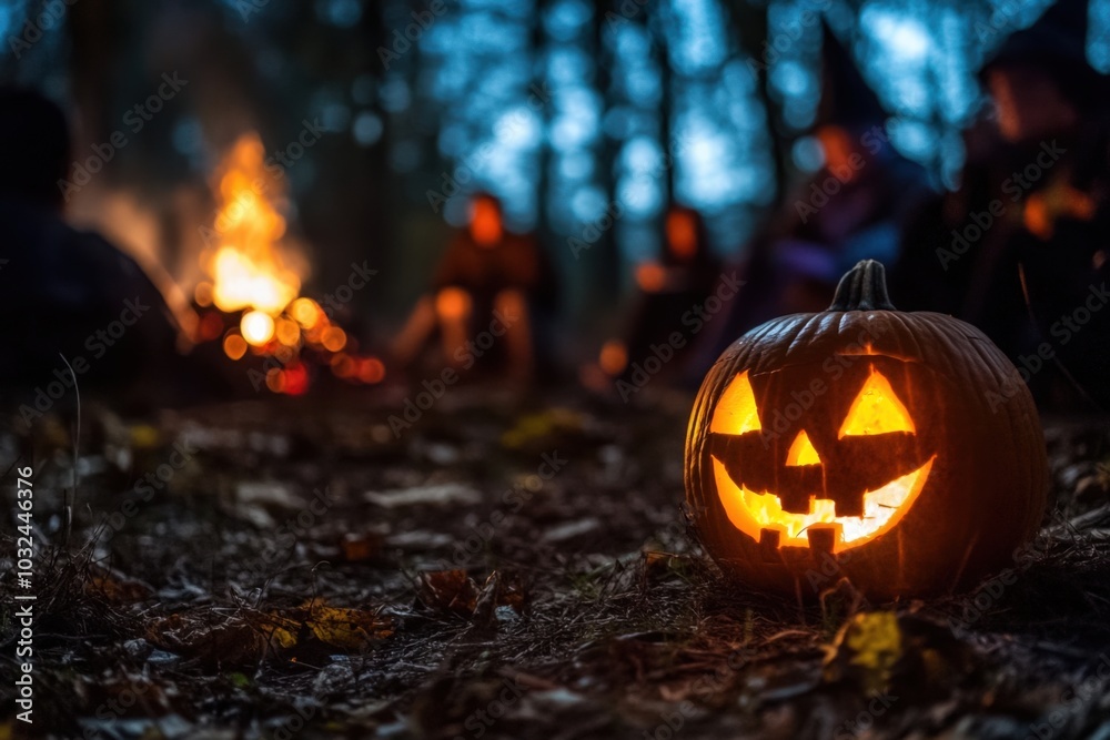 Glowing jack-o'-lantern on the forest floor with a group of people around a campfire in the background, creating a spooky Halloween scene at dusk Glowing jack-o'-lantern on the forest floor with a group of people around a campfire in the background, creating a spooky Halloween scene at dusk