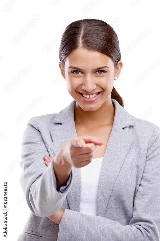 Happy, pointing and portrait of businesswoman in studio for calling, vote or choosing option. Smile, presentation and female financial advisor with investment decision or invite by white background. Happy, pointing and portrait of businesswoman in studio for calling, vote or choosing option. Smile, presentation and female financial advisor with investment decision or invite by white background.