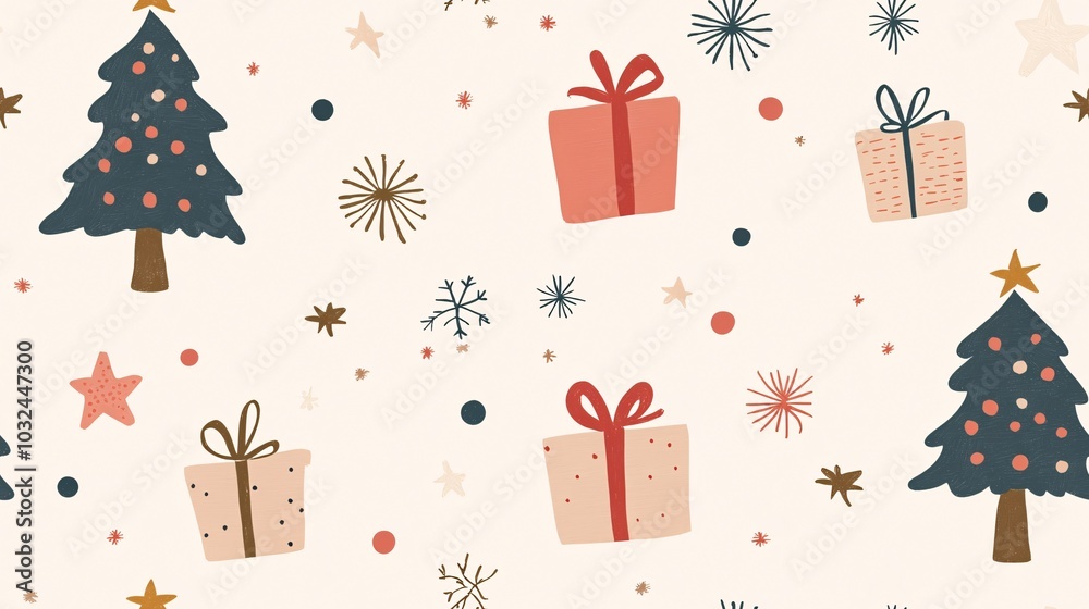 Festive Christmas Pattern with Gifts and Trees Festive Christmas Pattern with Gifts and Trees