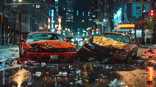 Rainy Night City Car Crash with Damaged Vehicles