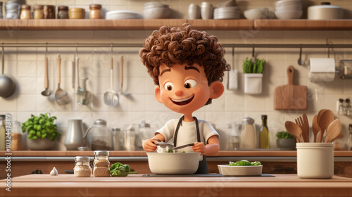 Cooking character in kitchen, smiling and preparing food with joy