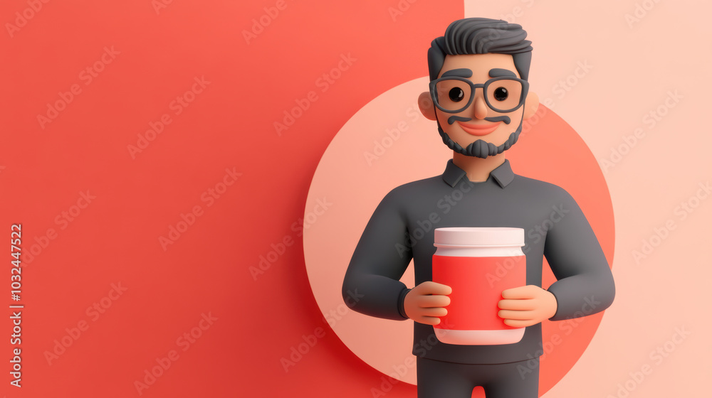 3D cartoon character holding product with cheerful expression