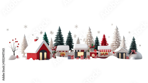 Festive winter village scene with snow-covered houses and pine trees, capturing the essence of a cozy holiday atmosphere , isolated PNG transparent background.