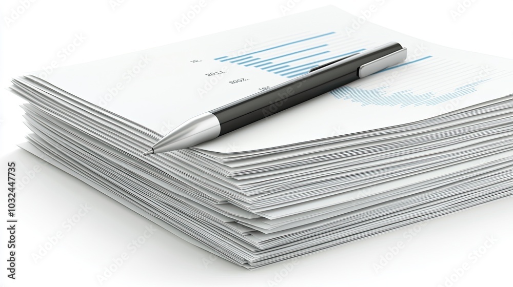 A stack of papers with charts and a pen on top A stack of papers with charts and a pen on top