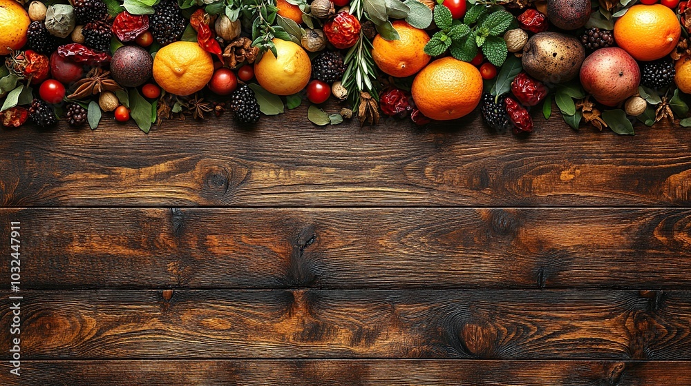 Colorful arrangement of fruits and herbs on wood. Colorful arrangement of fruits and herbs on wood.