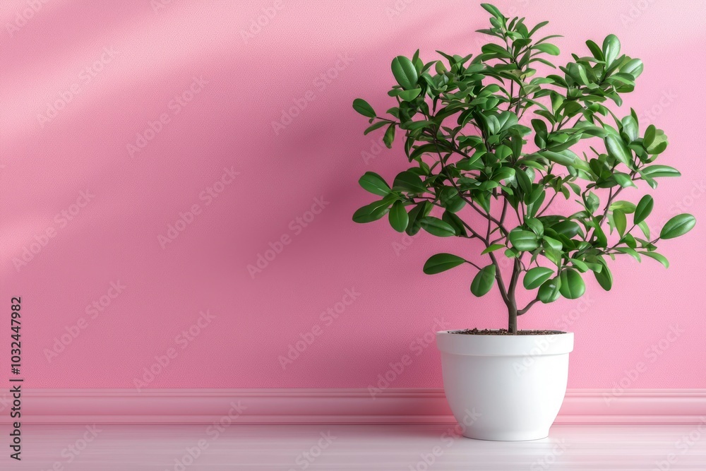 A potted plant with green leaves against a pink wall A potted plant with green leaves against a pink wall
