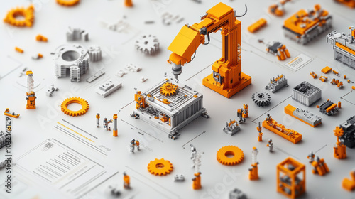 Micro scale assembly line with robotic arm and gears creating tiny gadgets