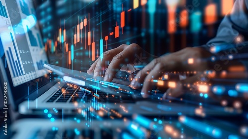 A pair of hands scrolling through financial data on a smartphone while working on a laptop, with futuristic graphs and analytics digitally overlaying the workspace