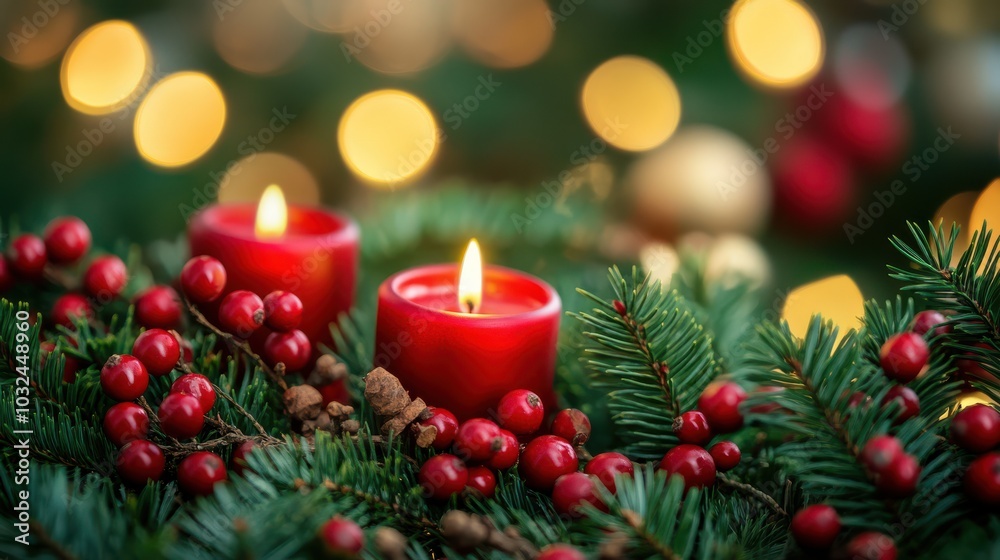 Christmas red berries and candles with green tree branches on a fuzzy background Christmas red berries and candles with green tree branches on a fuzzy background