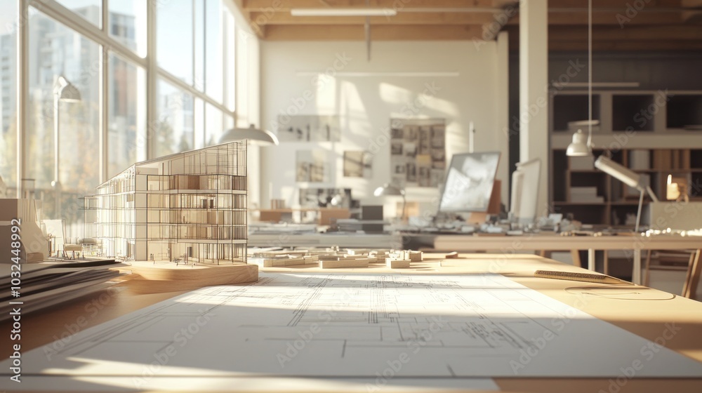 A well-lit architecture studio featuring models and blueprints on a desk. A well-lit architecture studio featuring models and blueprints on a desk.