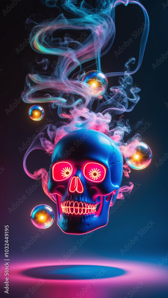 Glowing neon skull floating in the air surrounded by swirling smoke and glowing lights Glowing neon skull floating in the air surrounded by swirling smoke and glowing lights